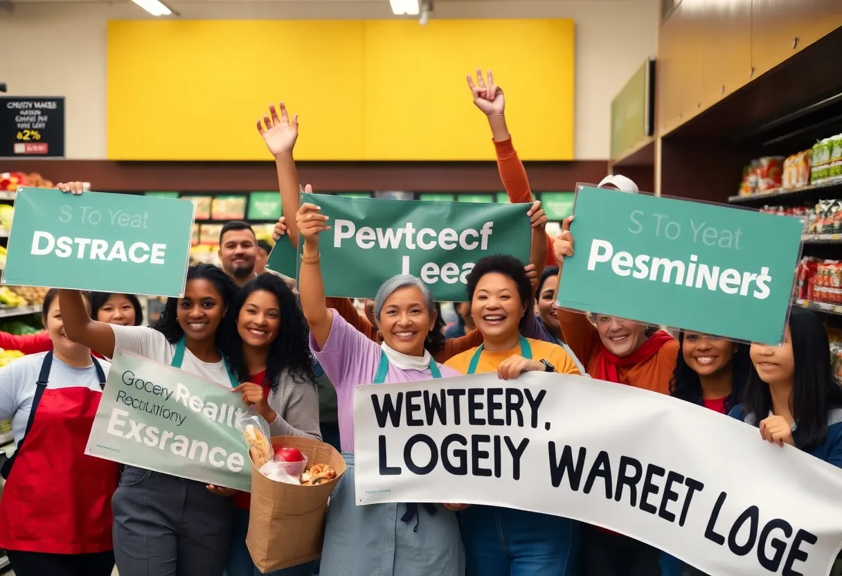 Grocery workers celebrating a negotiation agreement in store