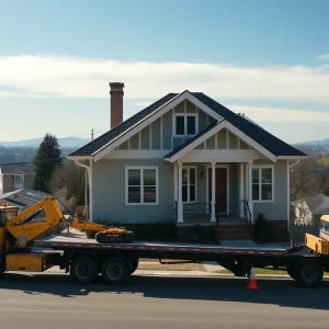 A Craftsman-style home being relocated in an urban setting.