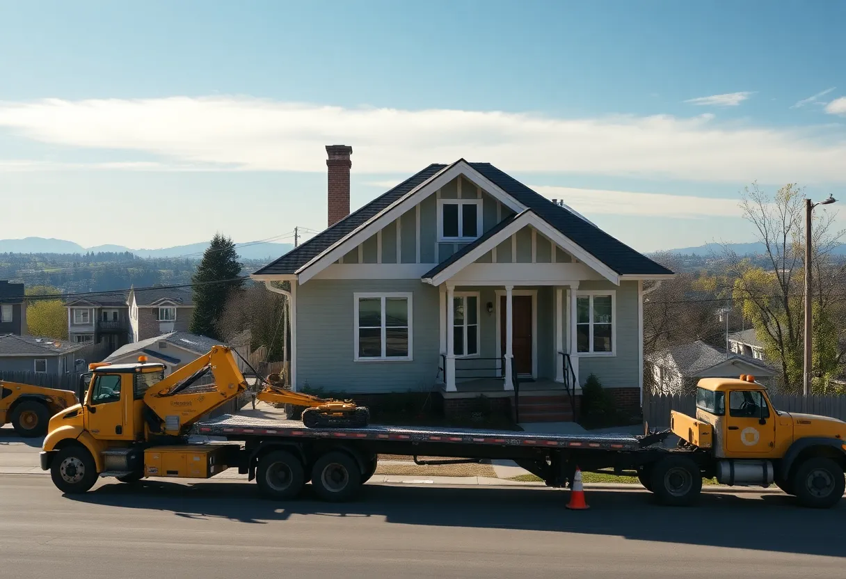 A Craftsman-style home being relocated in an urban setting.