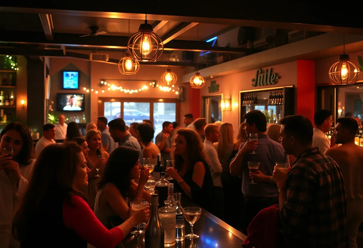 A vibrant bar scene in Hollywood Hills with patrons enjoying drinks