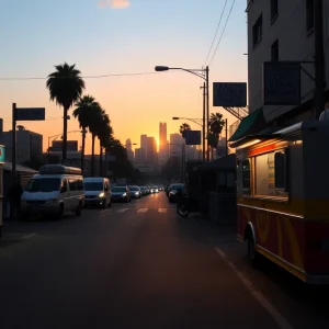 Quiet street in Los Angeles with closed food trucks