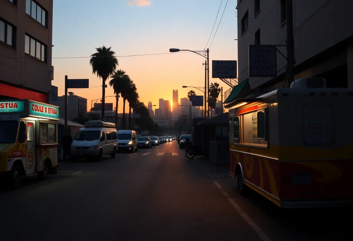 Quiet street in Los Angeles with closed food trucks