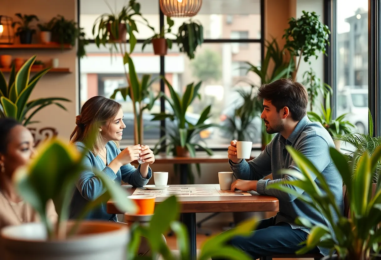 A couple enjoying a relaxed Sunday morning at a cafe in Los Angeles.