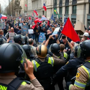Police confronting protesters during a demonstration in Los Angeles