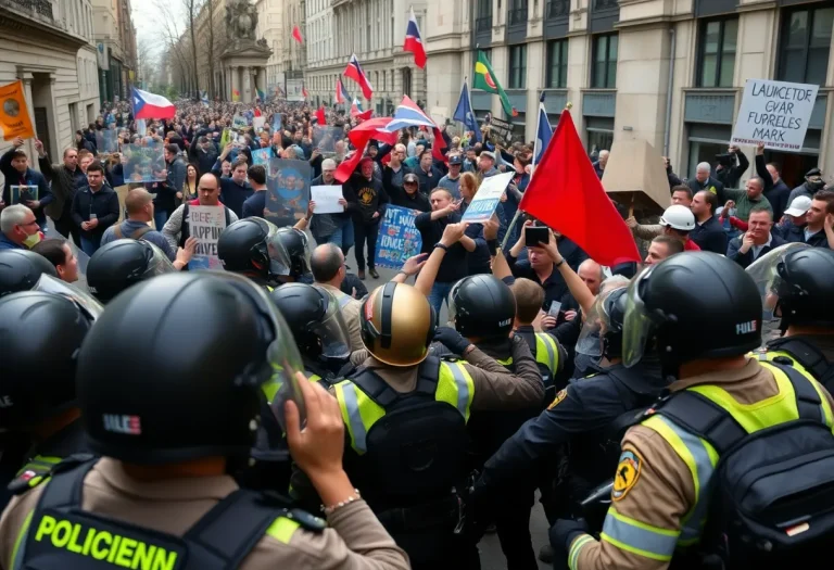 Police confronting protesters during a demonstration in Los Angeles