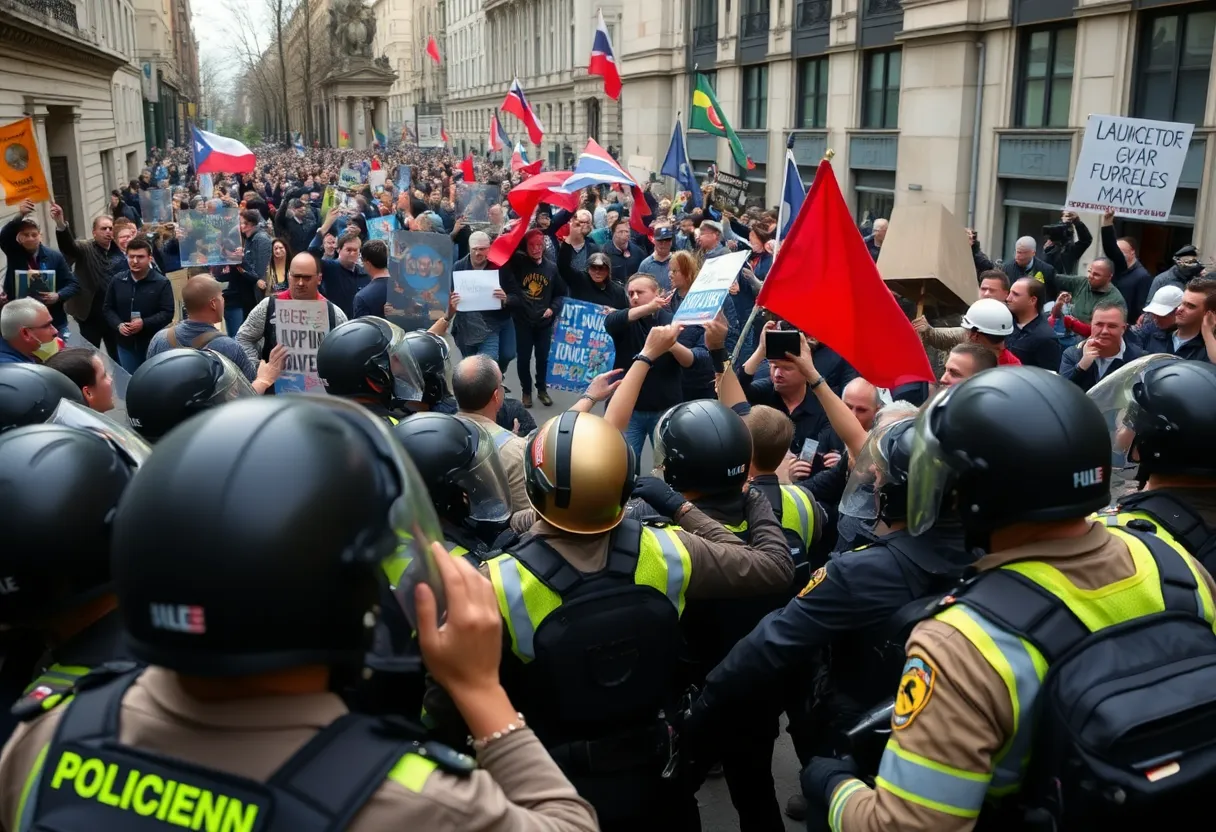 Police confronting protesters during a demonstration in Los Angeles