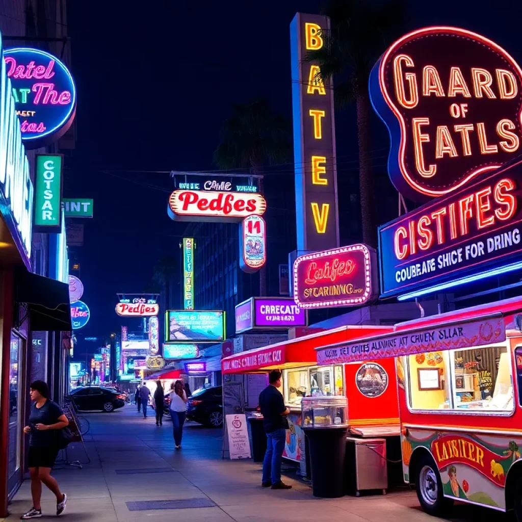Diverse late-night dining options in Los Angeles with food trucks and restaurants.