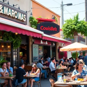 A lively restaurant setting in Los Angeles with outdoor dining and diverse menu offerings.