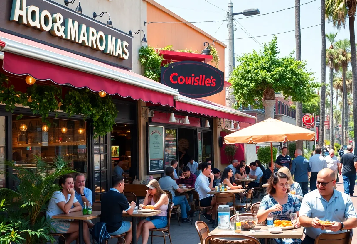 A lively restaurant setting in Los Angeles with outdoor dining and diverse menu offerings.