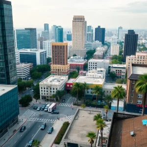 A city view of Los Angeles with visible signs of homelessness.