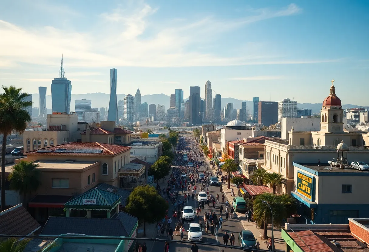 Vibrant cityscape of Los Angeles with diverse immigrant neighborhoods.
