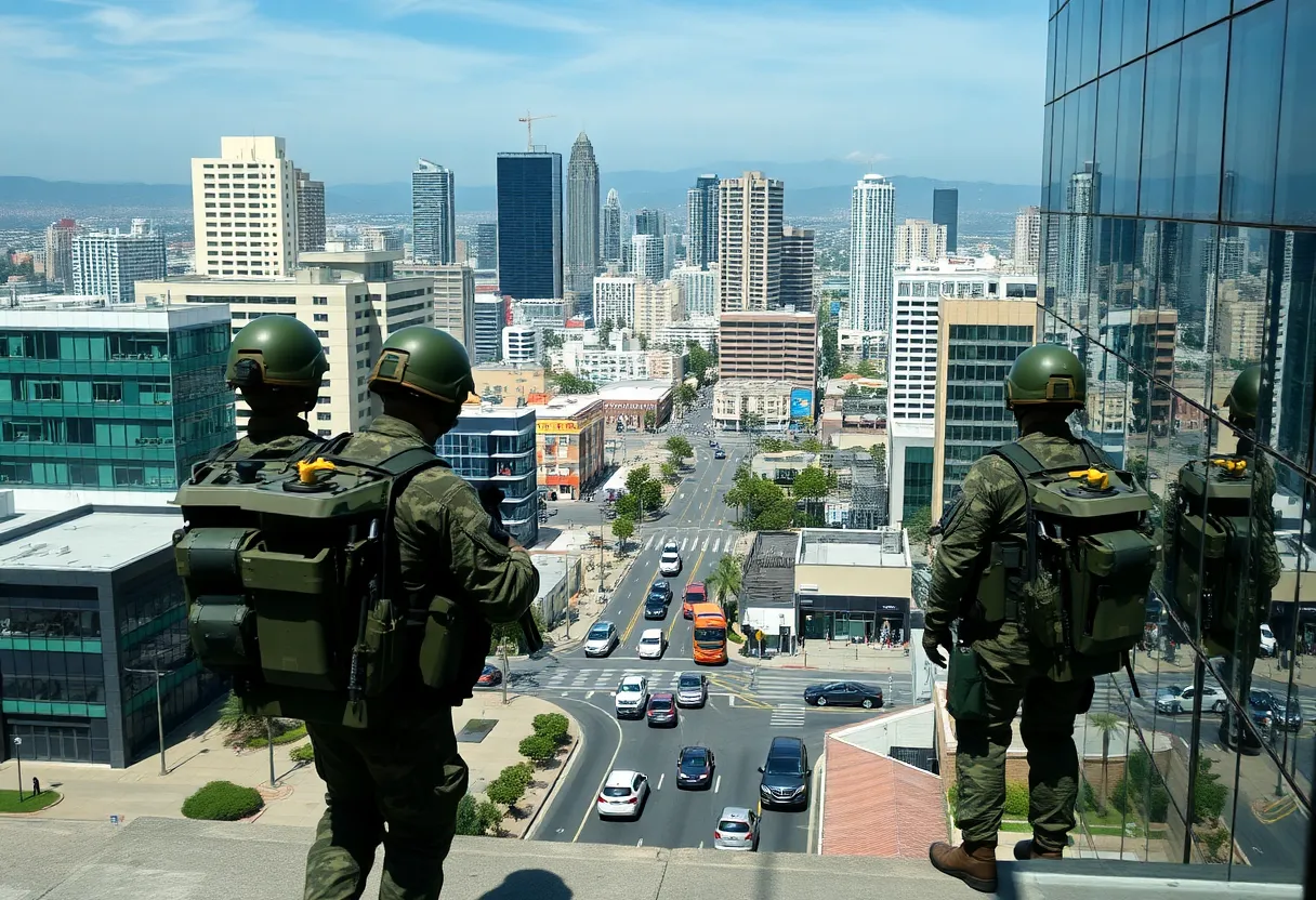 Military personnel in Los Angeles cityscape