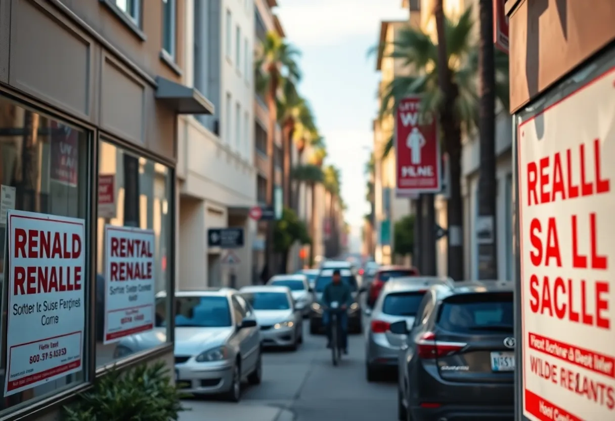 Busy street in Los Angeles with rental signs