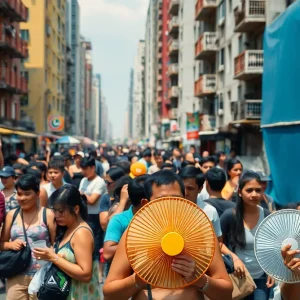 Urban landscape showing residents coping with extreme heat