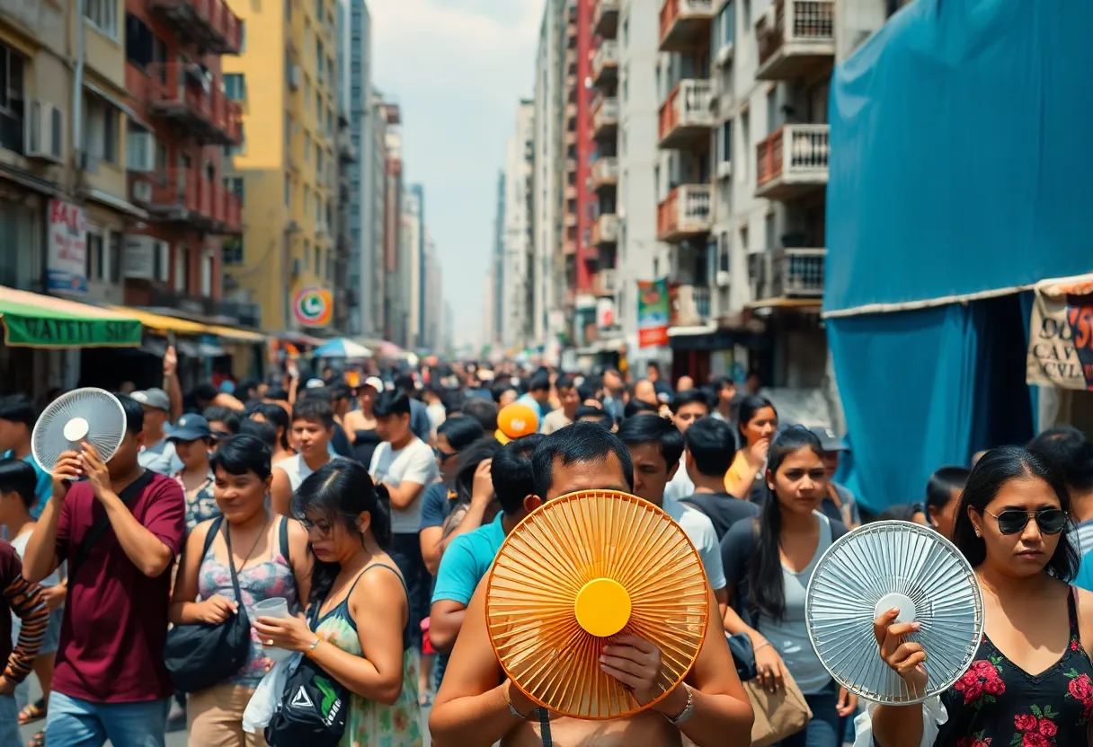 Urban landscape showing residents coping with extreme heat