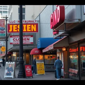 A vibrant Los Angeles street featuring multiple restaurants, some open and others closed, reflecting the economic challenges in the culinary sector.