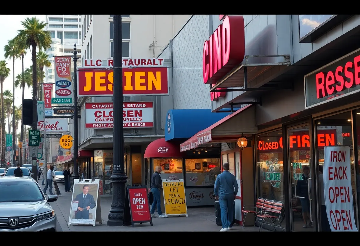 A vibrant Los Angeles street featuring multiple restaurants, some open and others closed, reflecting the economic challenges in the culinary sector.