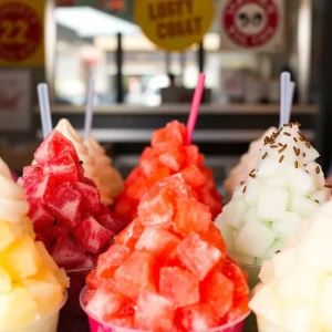 Colorful shaved ice varieties from different cultures available in Los Angeles.