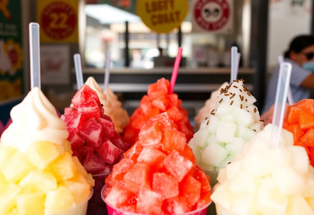 Colorful shaved ice varieties from different cultures available in Los Angeles.
