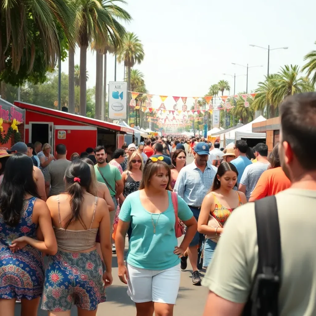 A bustling summer festival in Los Angeles with cultural performances.
