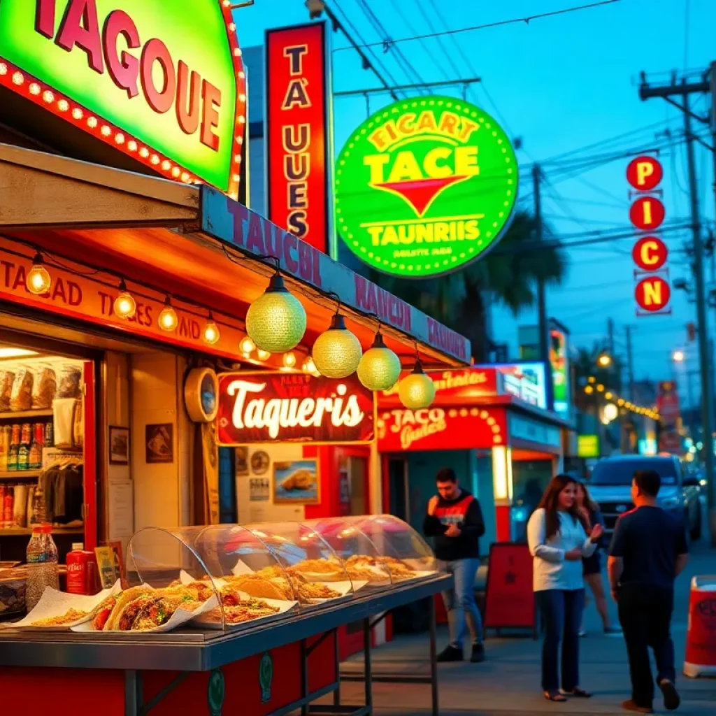 A collection of popular taquerías in Los Angeles with vibrant taco dishes on display.