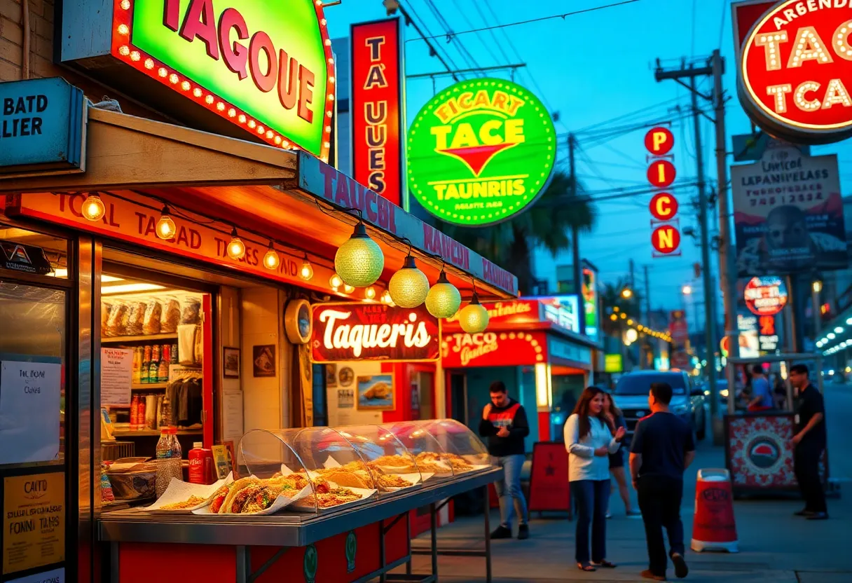 A collection of popular taquerías in Los Angeles with vibrant taco dishes on display.