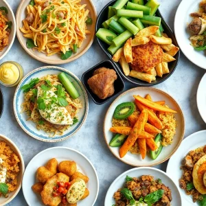 A variety of plant-based dishes from Los Angeles restaurants including tacos, sandwiches, and pastries.