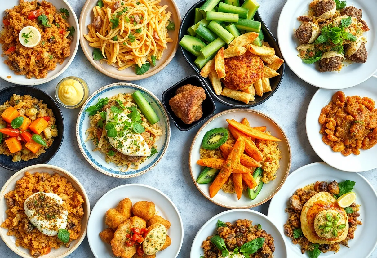 A variety of plant-based dishes from Los Angeles restaurants including tacos, sandwiches, and pastries.