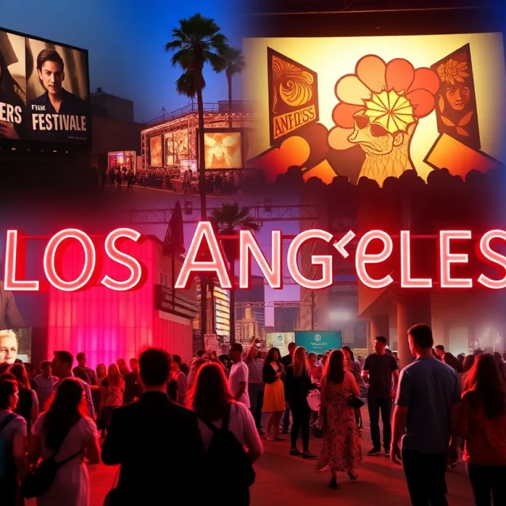 A collage of Los Angeles events including film screenings, art festivals, and music concerts