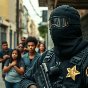 Masked federal agent during an immigration raid in Los Angeles