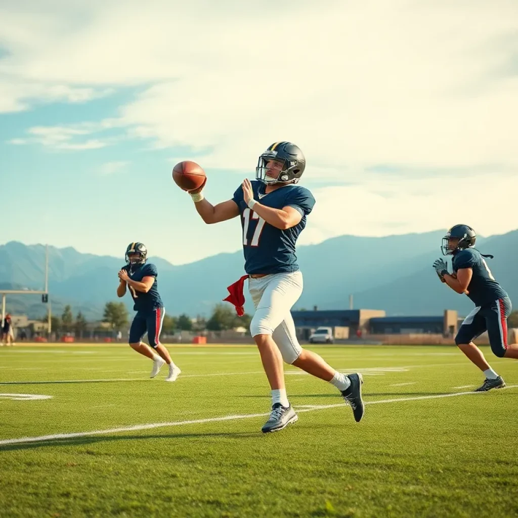 High school quarterback practicing his throws on the field
