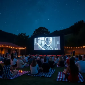 A vibrant outdoor cinema screening with attendees enjoying a film under the night sky.