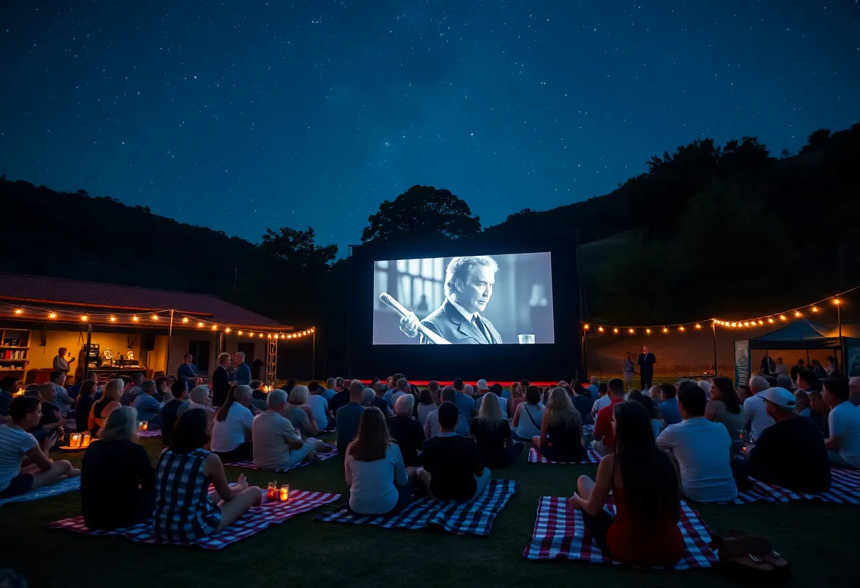 A vibrant outdoor cinema screening with attendees enjoying a film under the night sky.