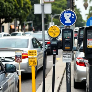 A row of parking meters in Los Angeles with different payment methods visible.