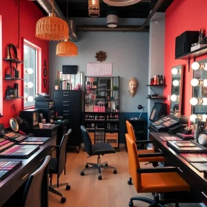 Beauty products and tools in a vibrant studio