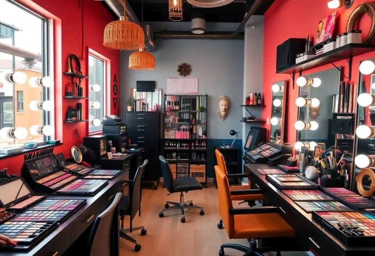 Beauty products and tools in a vibrant studio