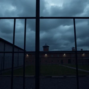 Somber prison landscape symbolizing justice