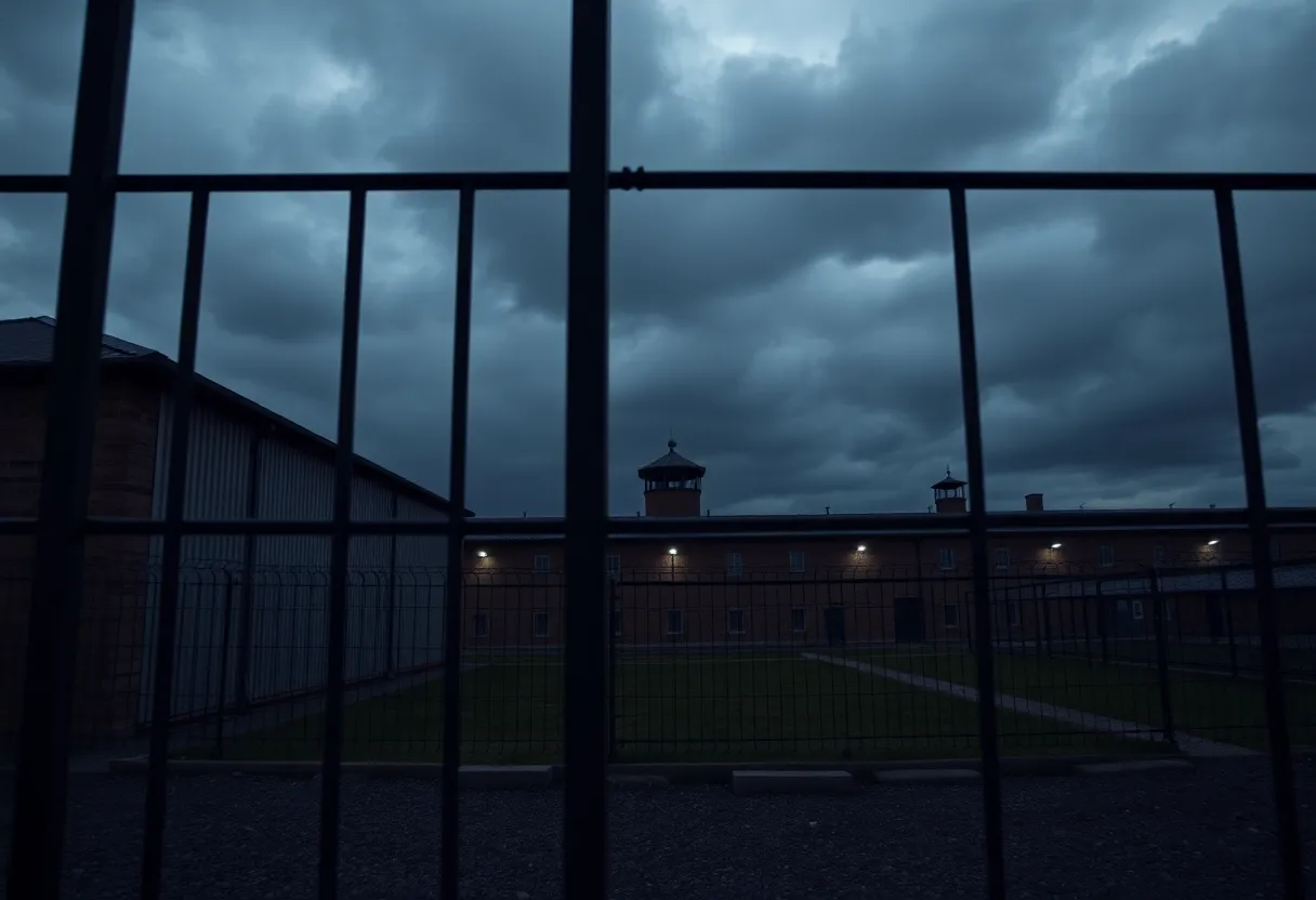 Somber prison landscape symbolizing justice