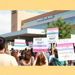 A crowd protesting outside a hospital, advocating for transgender healthcare rights.
