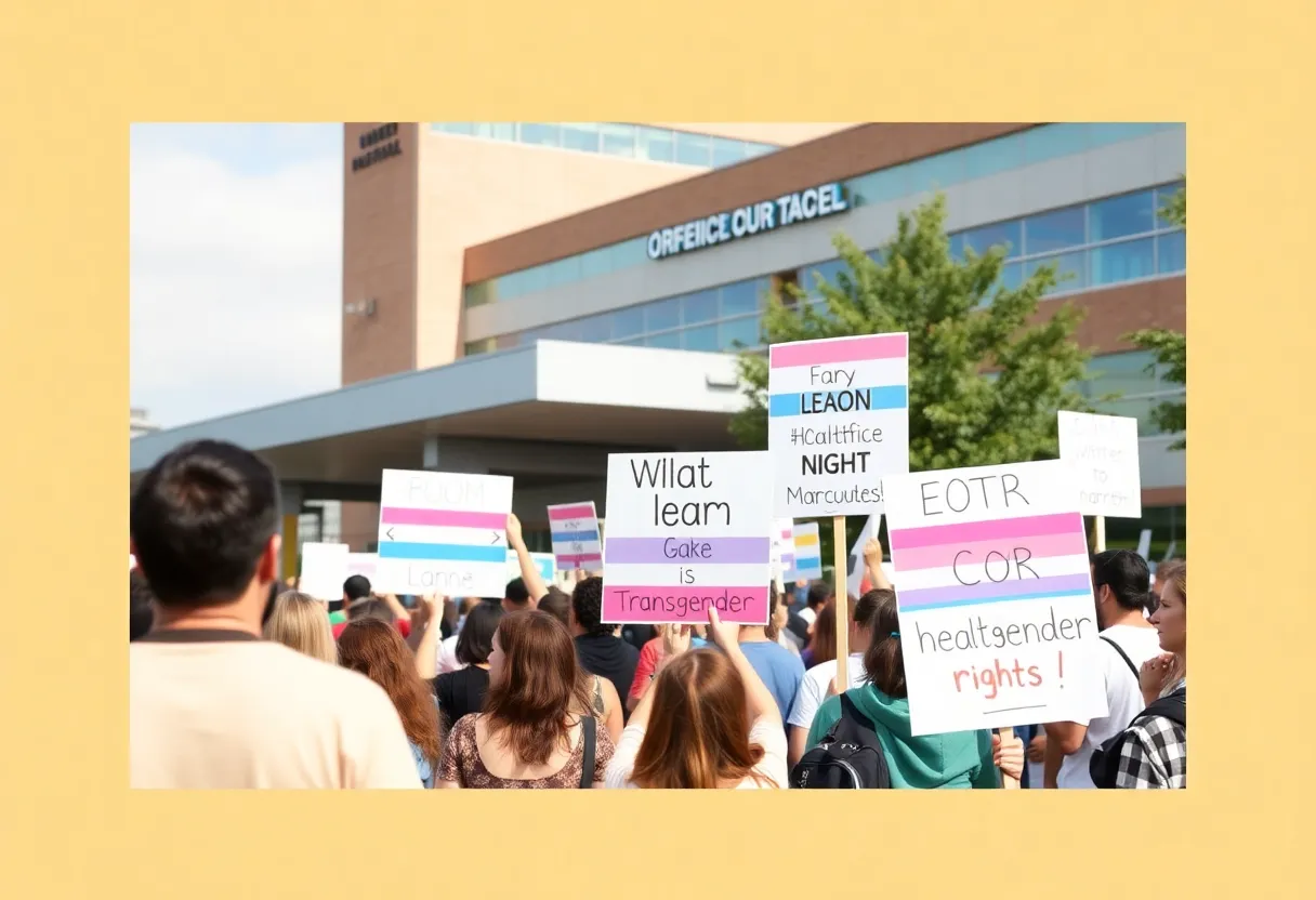 A crowd protesting outside a hospital, advocating for transgender healthcare rights.