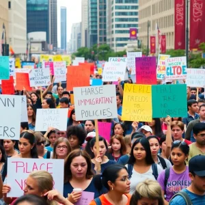 Crowd of protesters in Santa Monica expressing opposition to immigration policies
