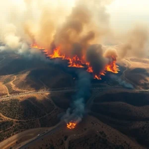 Aerial view of a wildfire in Southern California, showcasing the extensive damage and smoke.