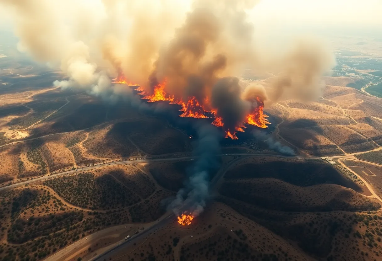 Aerial view of a wildfire in Southern California, showcasing the extensive damage and smoke.
