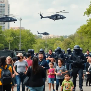 Military and federal agents in tactical gear at MacArthur Park