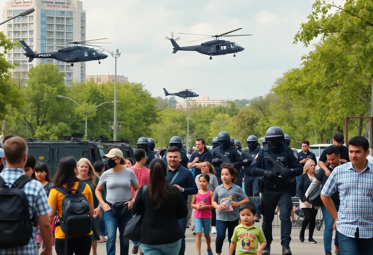 Military and federal agents in tactical gear at MacArthur Park