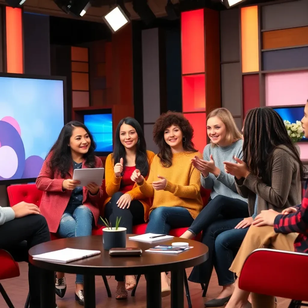 Diverse students working together in a television studio
