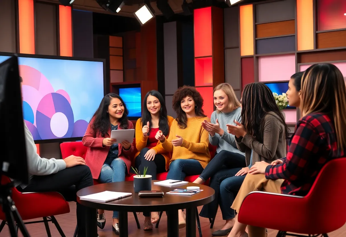 Diverse students working together in a television studio
