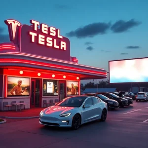 Exterior view of the Tesla Diner with LED screens and Tesla vehicles.