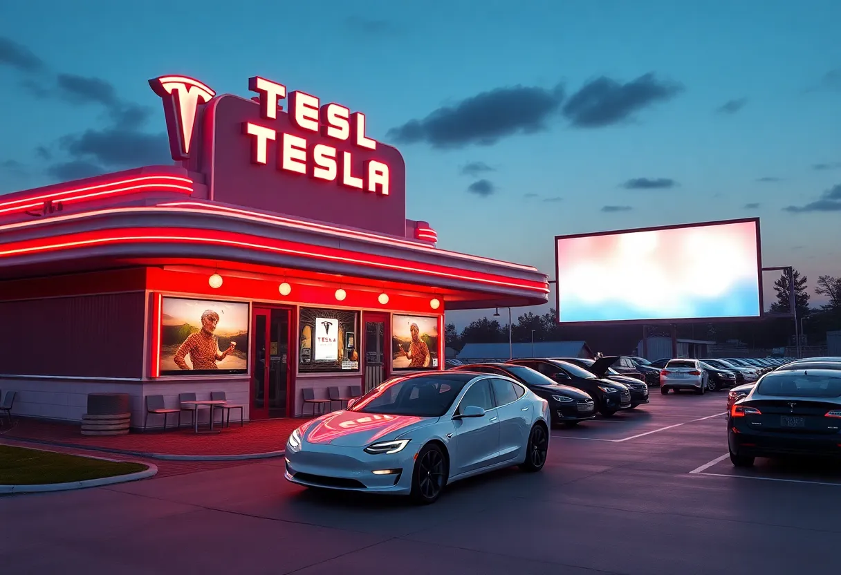 Exterior view of the Tesla Diner with LED screens and Tesla vehicles.
