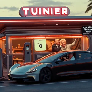 Exterior view of the Tesla Diner in Los Angeles, featuring outdoor seating and electric vehicle charging stations.